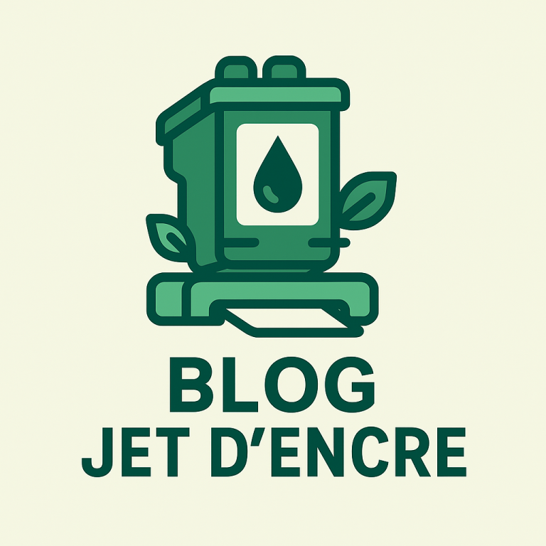 Logo représentant un réservoir d'encre avec des feuilles, accompagné du texte "BLOG JET D'ENCRE".