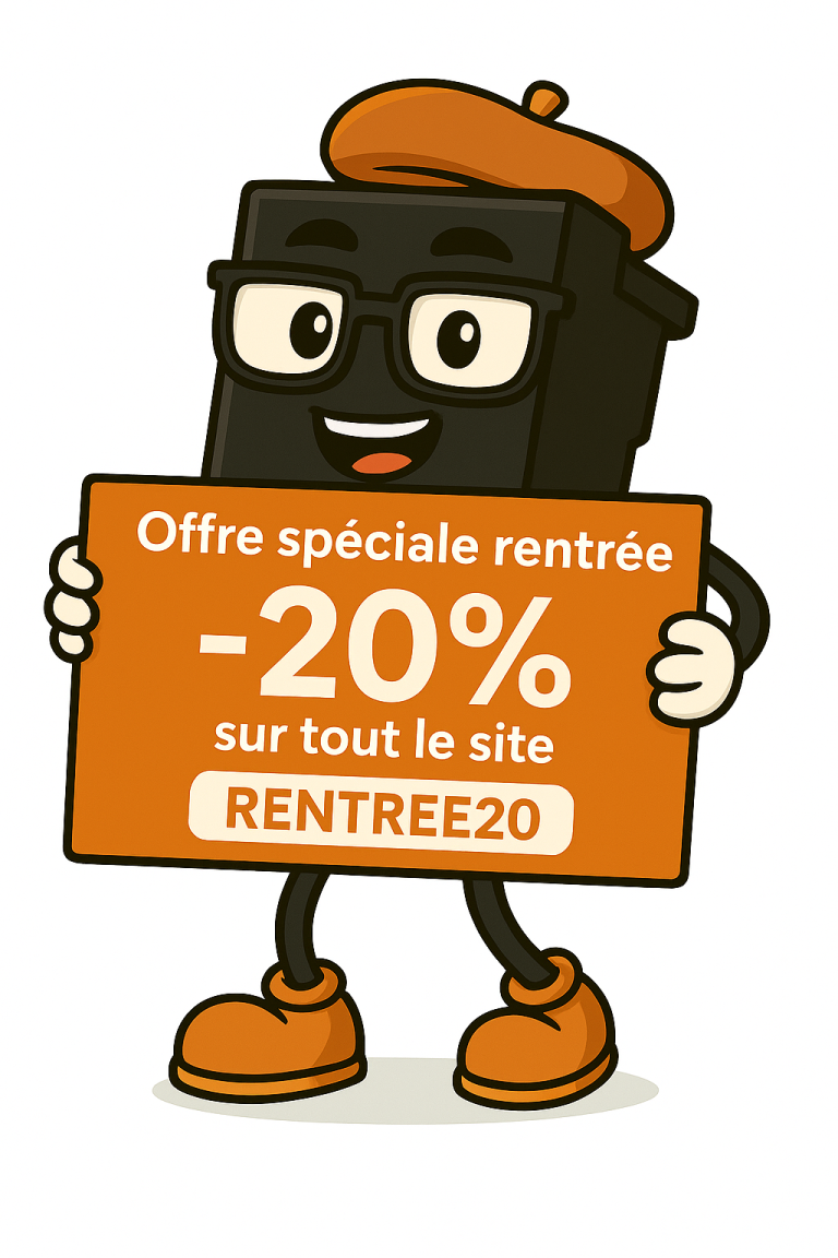 Mascotte souriante, habillée comme un cubo avec une pinceau, portant des lunettes.