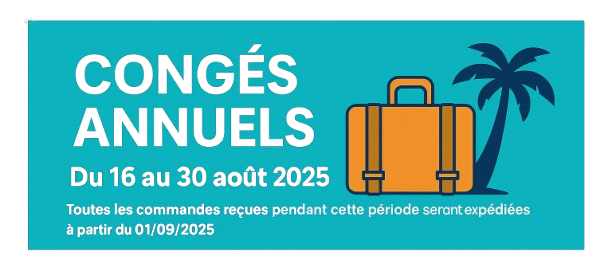 Bag de voyage orange sur fond bleu avec une palme, annonçant des congés annuels.