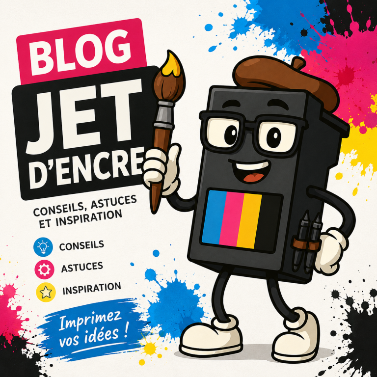 Logo représentant un réservoir d'encre avec des feuilles, accompagné du texte "BLOG JET D'ENCRE".